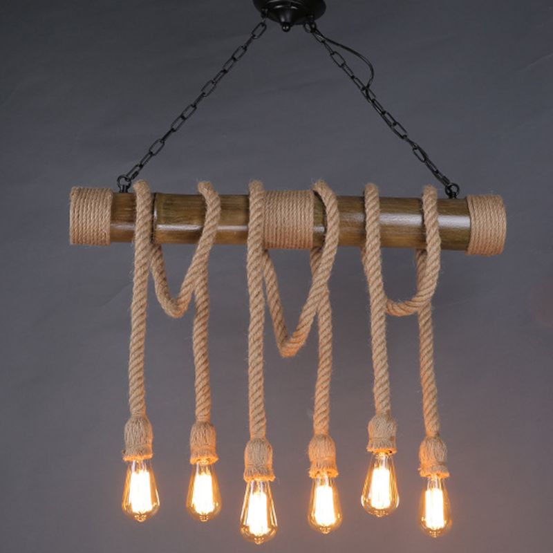 6-Light Hemp Rope Pendant Rustic Beige Exposed Bulb Restaurant Island Light