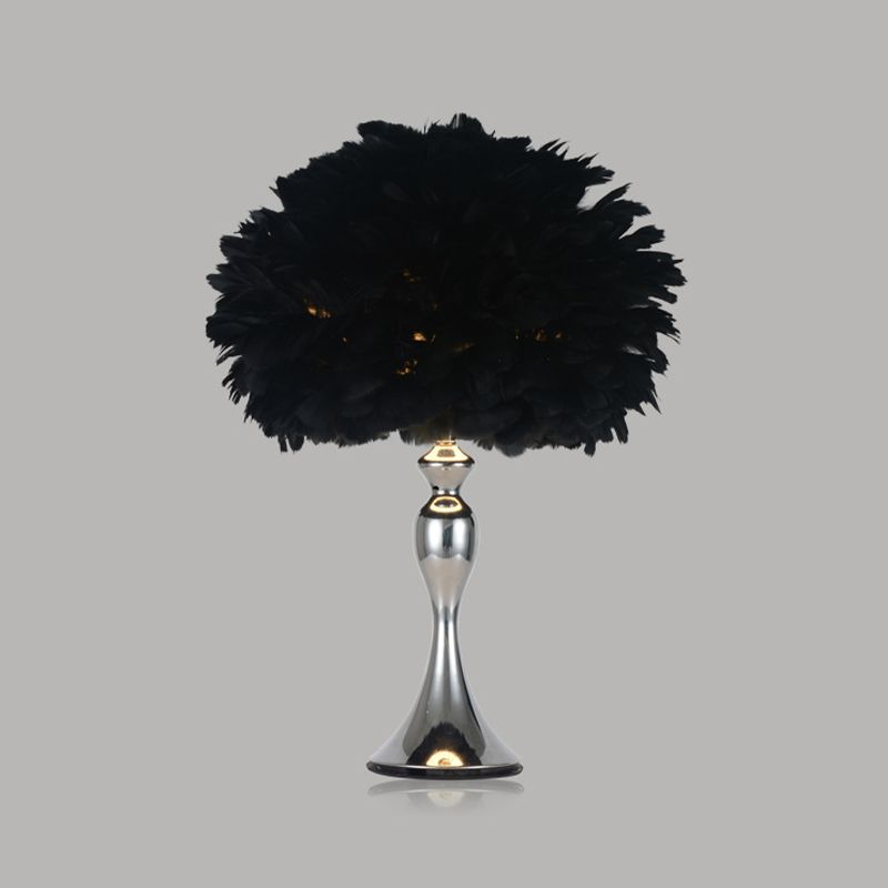 Dome/Tapered Shade Table Light Modern Feather Single Black/Pink/Cream Night Stand Lamp with Teardrop/Curved Rod/Tripod Base