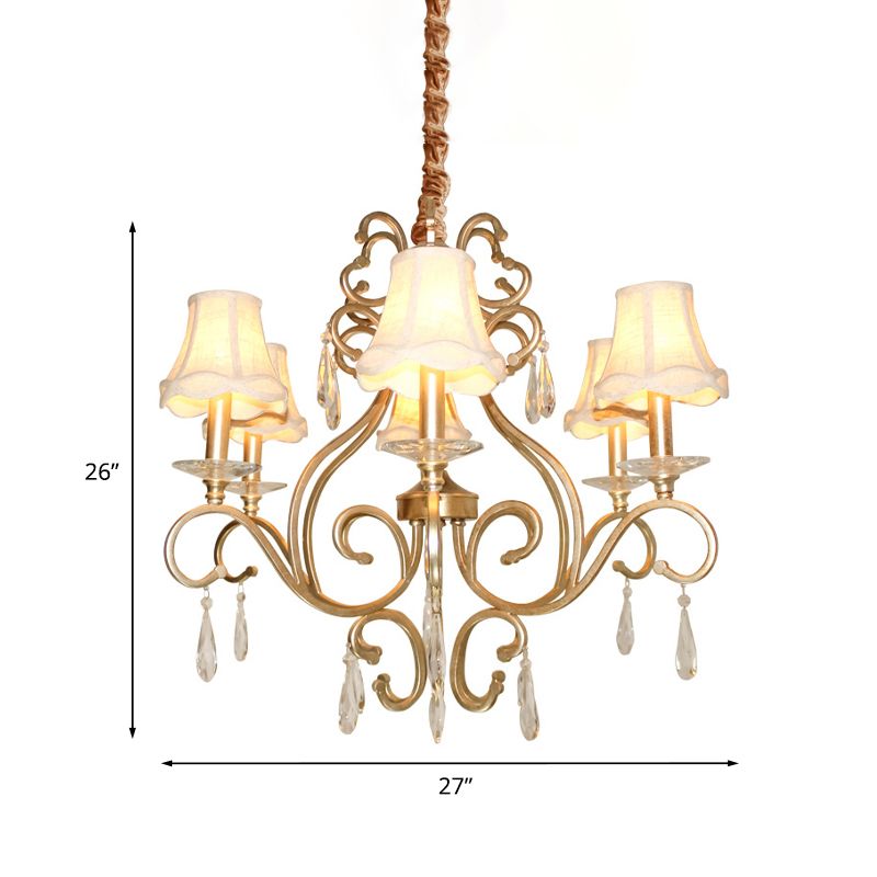 Fabric Shade Crystal Teardrop Chandelier Traditional 6-Bulb Hallway Ceiling Light in Gold