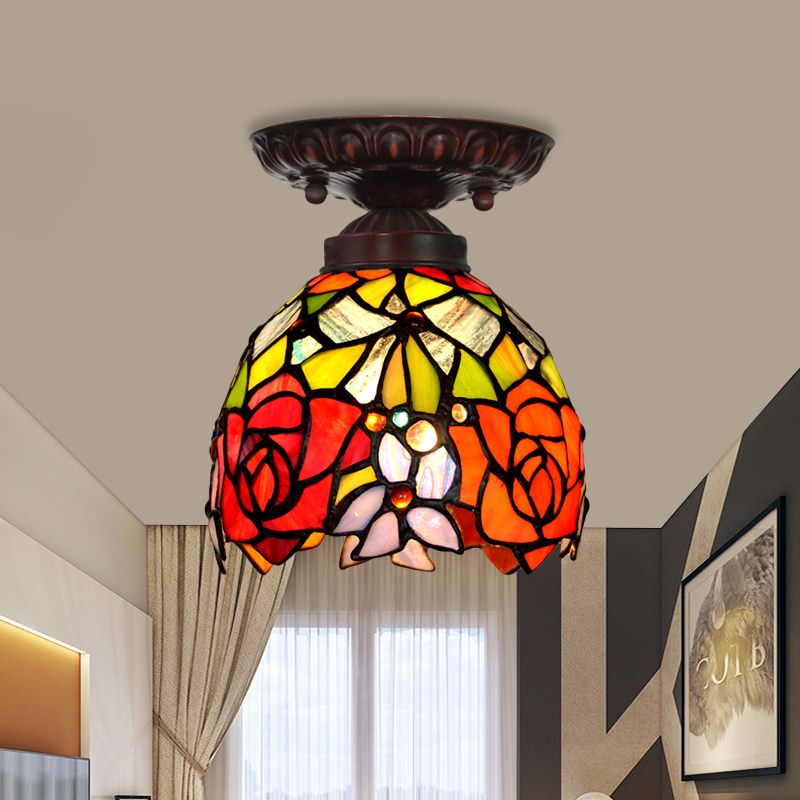 Victorian Domed Ceiling Mounted Light 1 Light Red/Pink/Orange Stained Glass Flushmount for Corridor