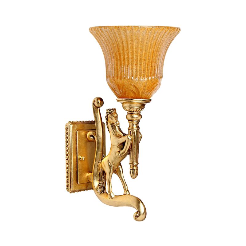 1 Bulb Resin Wall Lamp Retro Golden Steed Surface Wall Sconce with Upward Amber Carved Shade