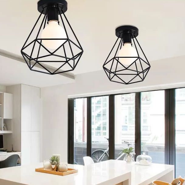 Black Close to Ceiling Lighting Industrial Metal Cage Diamond Ceiling Light Fixture