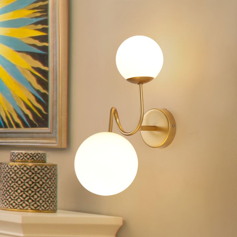 Metal Curved Arm Sconce Light Contemporary 2 Heads Wall Mounted Lamp in Gold with White Glass Shade