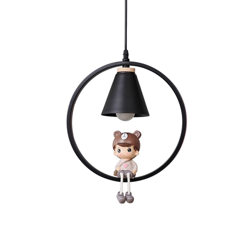 Cartoon Tapered Hanging Light Metal 1 Light Bedroom Pendant Lamp with Ring and Girl/Boy/Deer Decor in Black/White