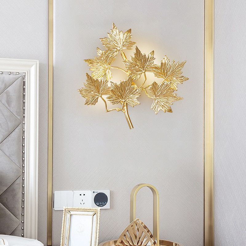 Gold 3 Lights Wall Mount Lamp Contemporary Style Aluminum Maple Leaf Sconce Light Fixture for Stairway