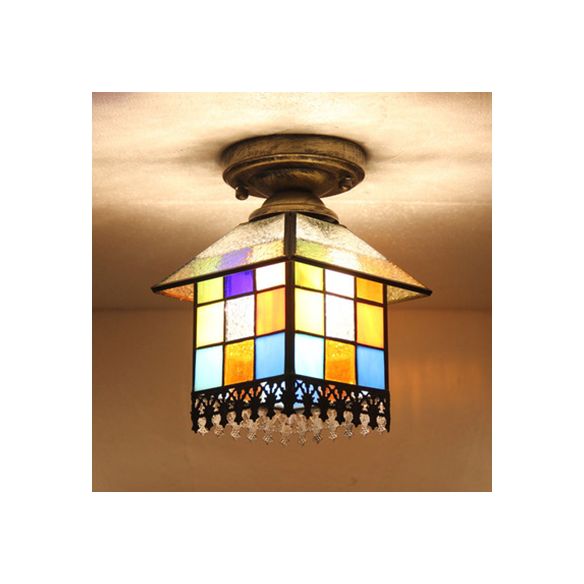 1 Head House Flush Verlichting Rustiek Lodge Style Glas Flush Mount Lamp in Black/Blue/Brass/Clear/Blue-Clear voor Foyer