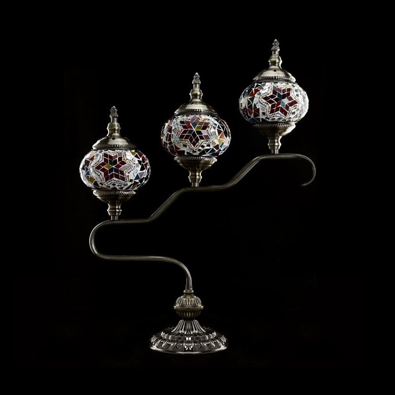 3 Heads Stained Glass Night Light Mediterranean Red/Orange/Blue Tower Bedroom Table Lamp with Step Design