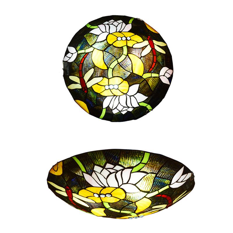 Black Bowl Shaped Ceiling Lamp Tiffany Stained Glass Flush Mount Light with Lotus and Dragonfly Pattern
