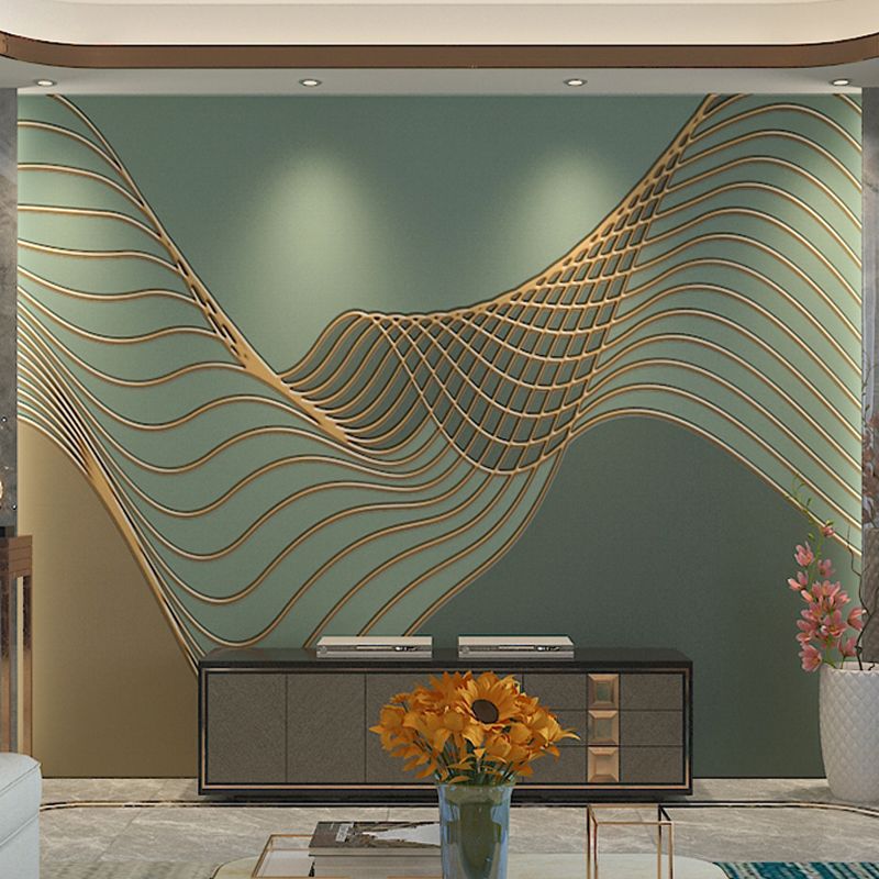 Modern Green Mural Wallpaper with 3D Print Swirled Line Design for Living Room, Non-Woven Material