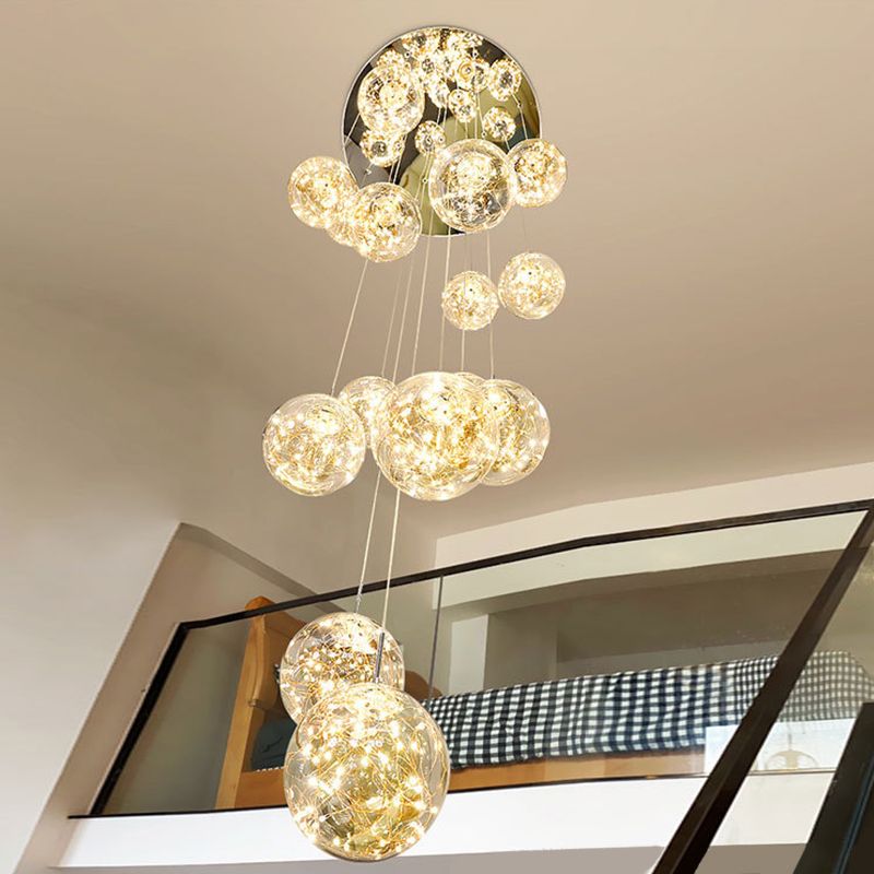 Moderno lampada sospesa sferica a pendente a pendente a 15 luci a 15 luci con tonalità di vetro per le scale
