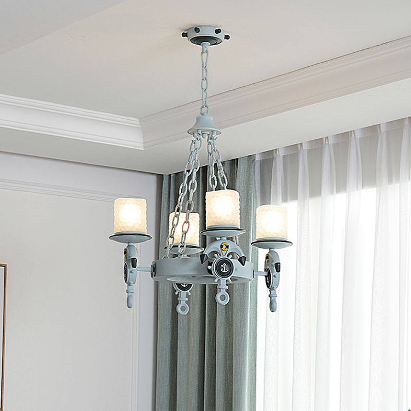 4 Lights Bedroom Pendant Lighting Nautical Blue/Black Chandelier Lamp with Cylinder Dimpled Glass Shade
