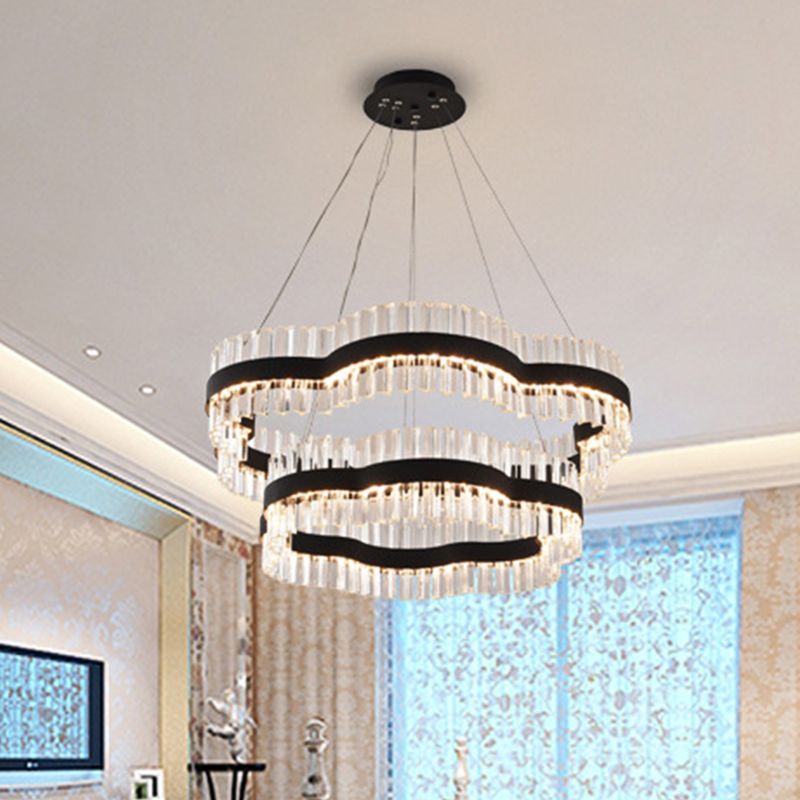 1/2 Tiers Flower Living Room Ceiling Chandelier Crystal 23.5"/31.5" Wide Led Minimalist Hanging Light Kit in Black/Gold