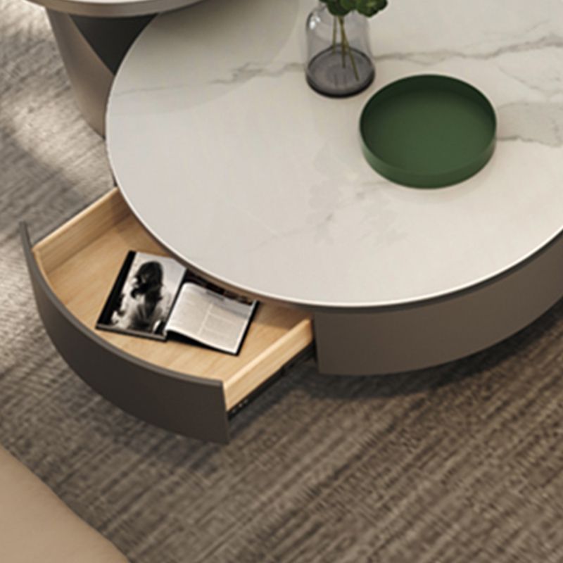 Round Pedestal Coffee Table Glam Stone Cocktail Table with 2 Drawers
