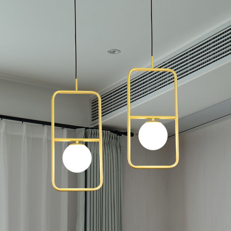 White Glass Globe Pendant Lamp with Rectangular Design Post Modernist 1/2 Lights Gold Led Hanging Light Fixture