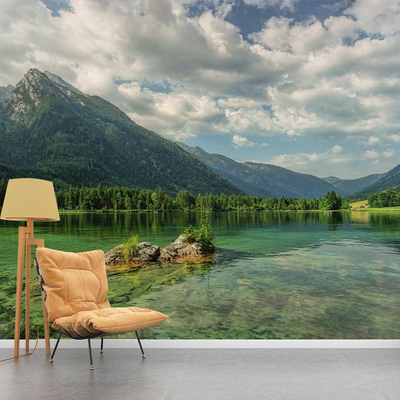 Contemporary Mountain and Lake Mural Horizontal Photography Wall Covering for Living Room