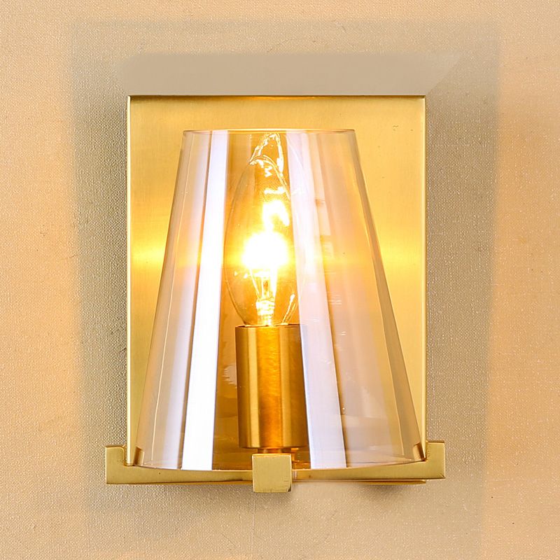 Gold Finish Rectangle Wall Sconce Post Modern 1 Bulb Metal Wall Lamp with Conic Amber Glass Shade
