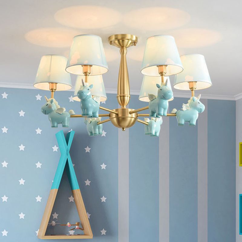 Kids Style Bucket Suspension Light Fabric Child Room Chandelier Light with Resin Unicorn