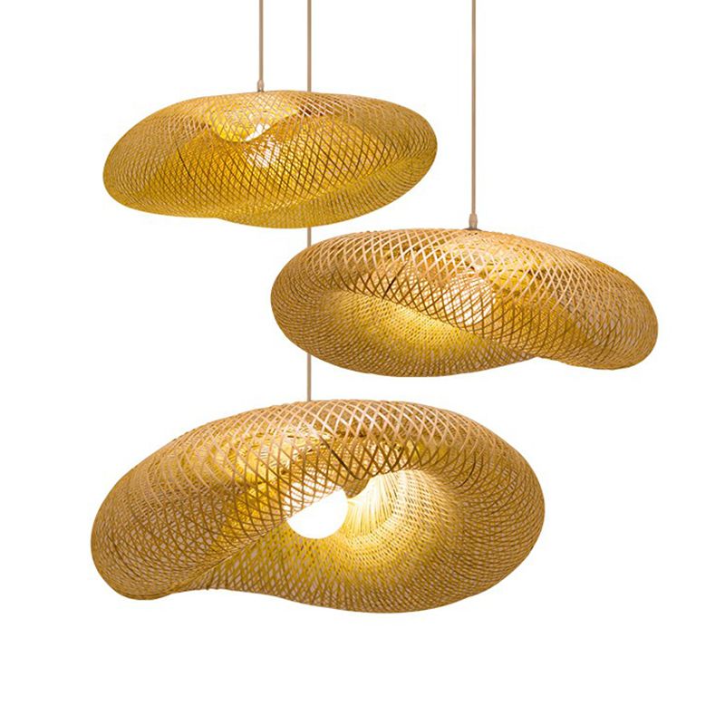 Beige Geometric Hanging Pendant Light Asia 1-Light Bamboo Suspension Lighting Fixture