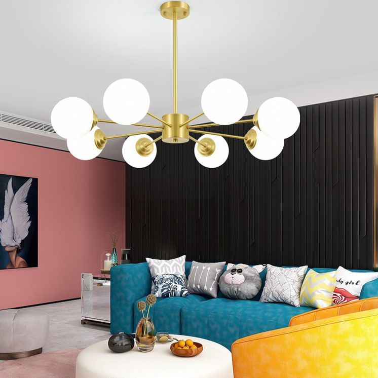 Post-Modern Metal Hanging Chandelier Light Opal Glass Shade Ceiling Chandelier in Gold for Living Room