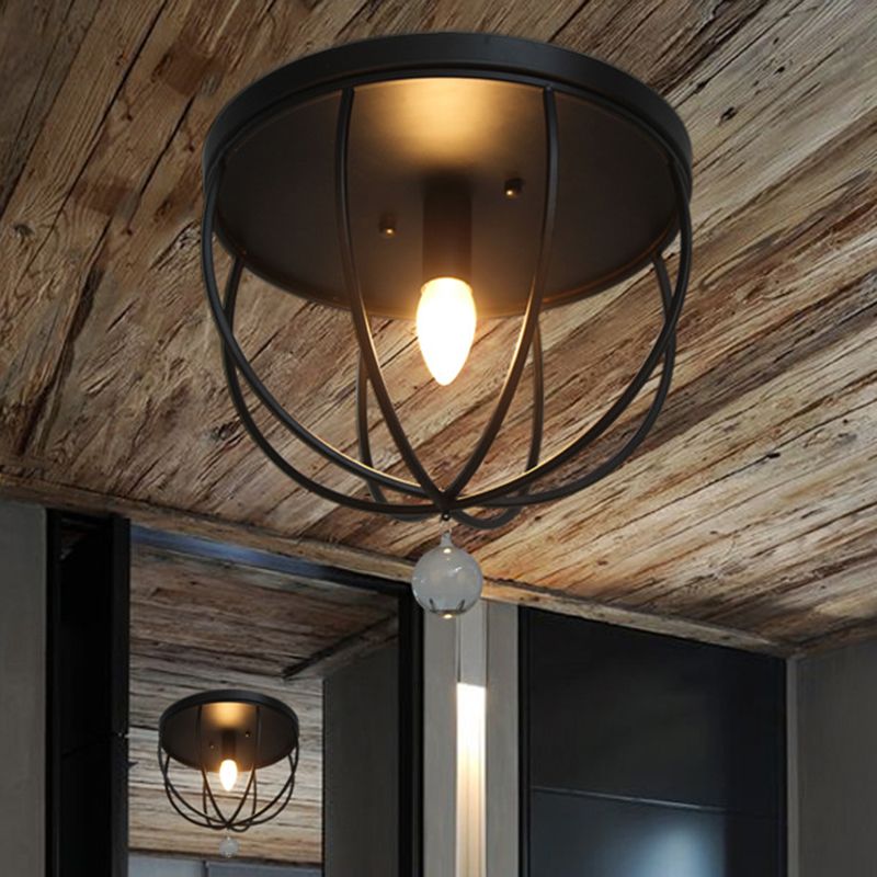 1/4/5-Head Wire Cage Flush Ceiling Light with Clear Crystal Ball Retro Black Metallic Flush Mount Light