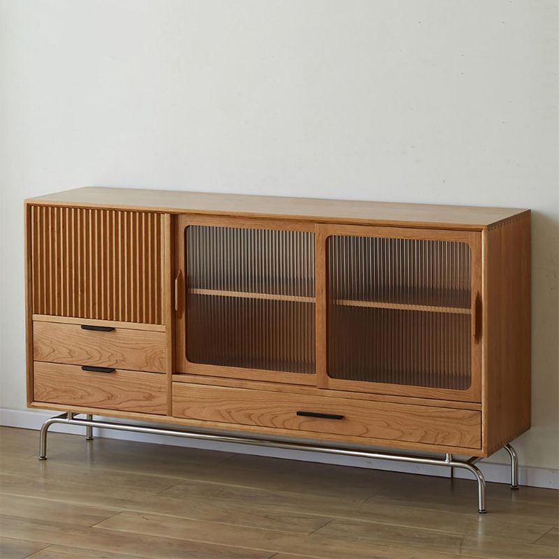 Contemporary Glass Doors Display Stand Pine Storage Cabinet for Dining Room