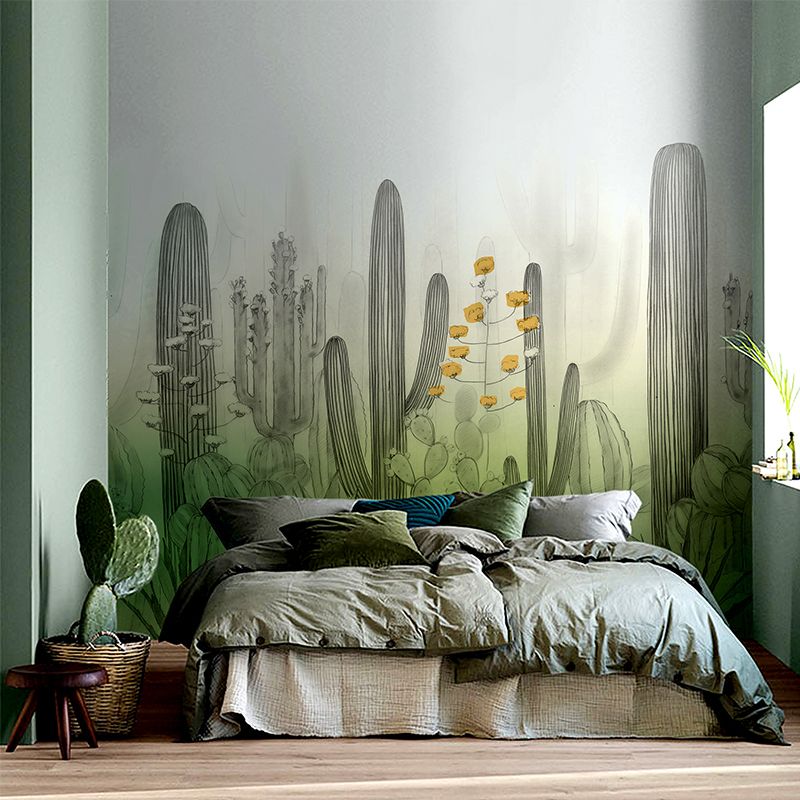 Green Cactus Field Wallpaper Murals Water Resistant Wall Decor for Bedroom, Non-Woven