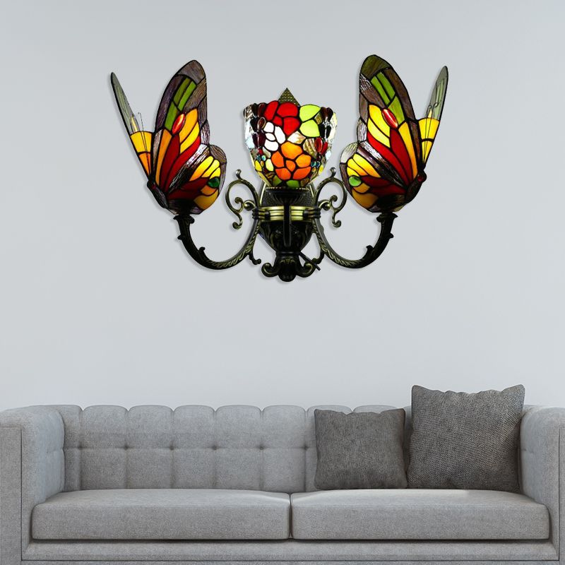 3 Heads Butterfly Wall Sconce Loft Lodge Stained Glass Wall Mount Lighting for Living Room