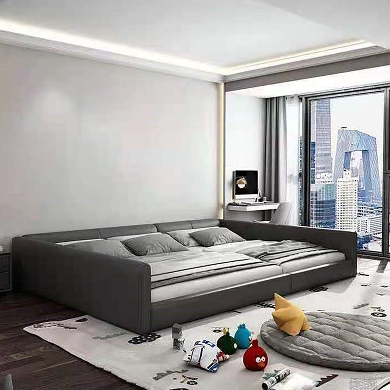 Contemporary Grey Genuine Leather and Wood Standard Bed for Bedroom