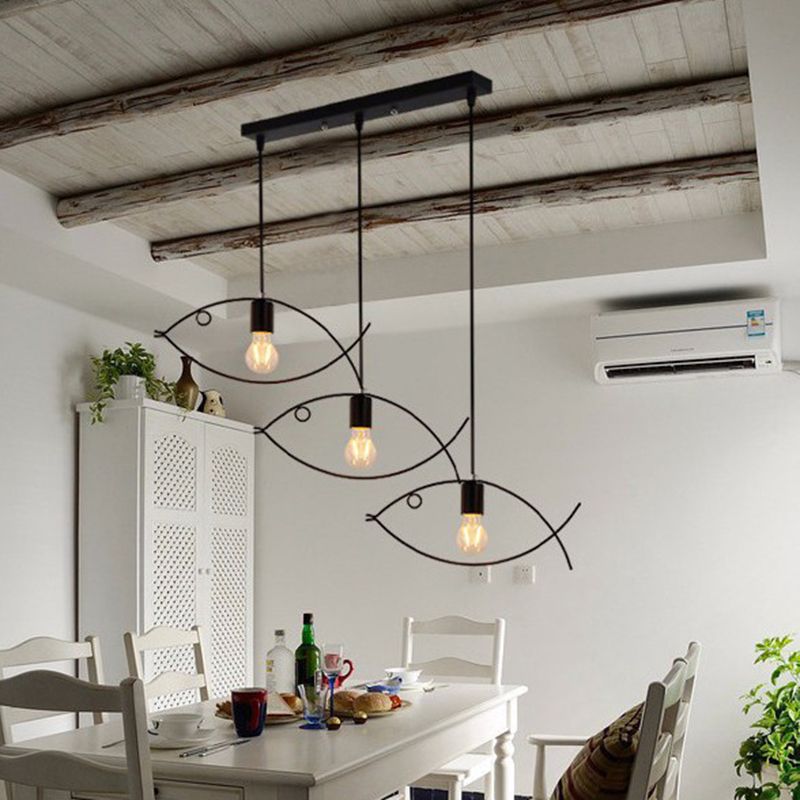 Pendant Lighting Fixture Industrial Style Dinning Room Hanging Ceiling Light with Fish Metal Shade in Black