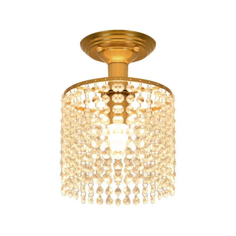 Cylindrical Crystal Strand Semi Flush Lamp Simple 1-Light Gold Finish Close to Ceiling Lighting