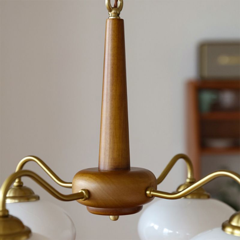 Brass Japanese Chandelier Bowl Shape Multi Light Hanging Light with Wood for Restaurant