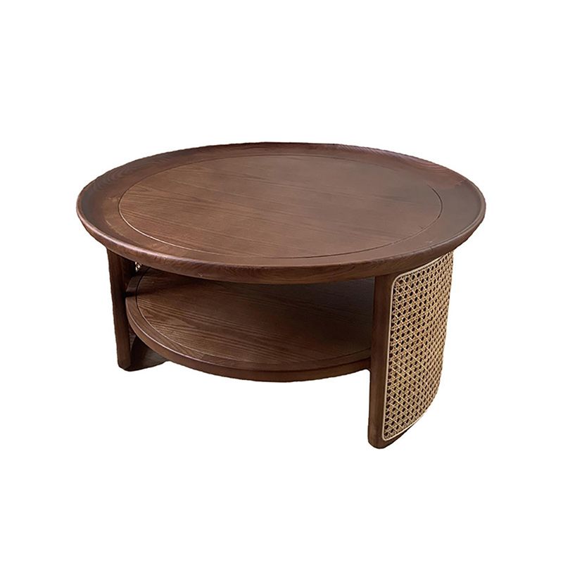 Scandinavian Round Coffee Table with Shelf in Wicker and Solid Wood