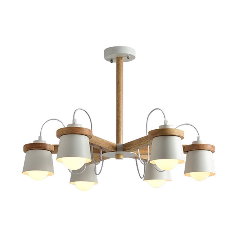 Estilo de rueda Semi Flush Nordic 6 Bulbos Araña de montaje de techo blanco con pantalla de lámpara de barril