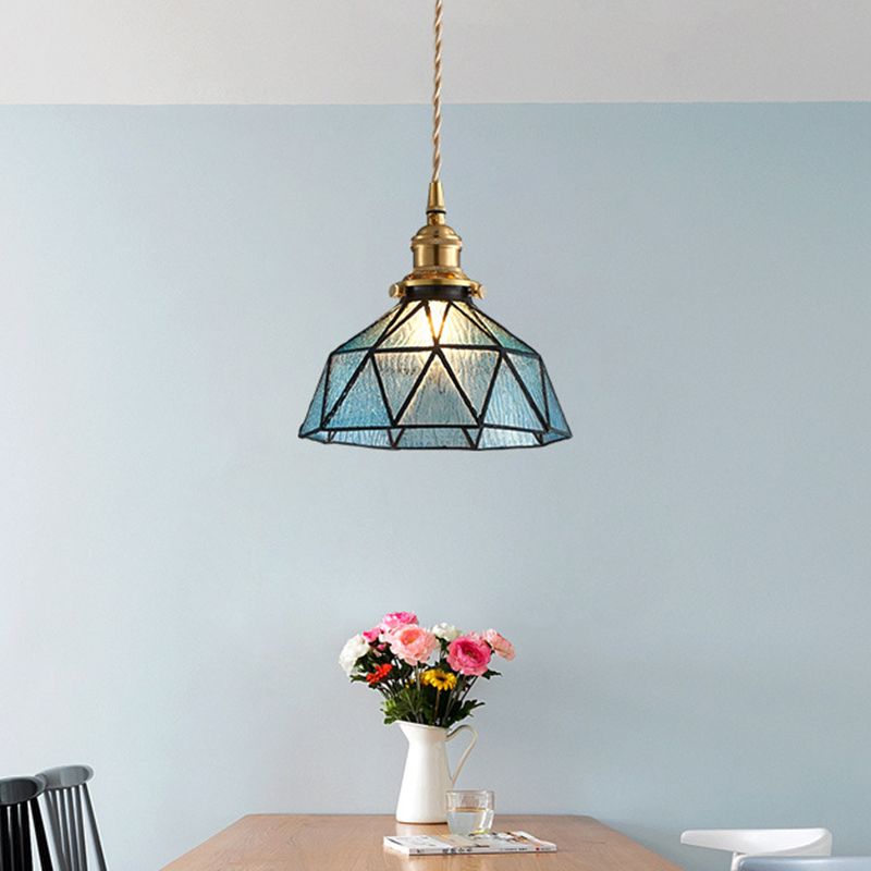 Icy Clear Glass Hanging Lamp Geometric Pattern Bowl Tiffany-Style Pendant Light Fixture