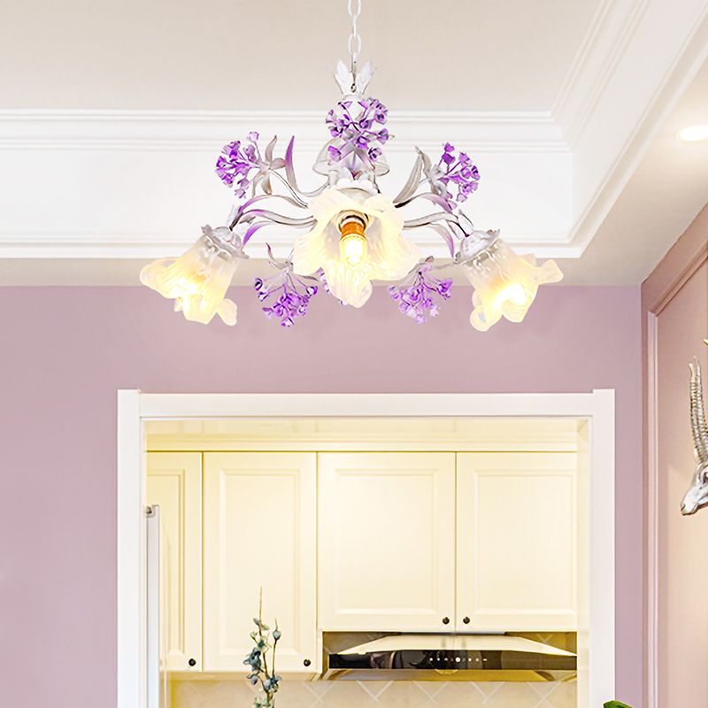 Ivory Flower Hanging Chandelier Pastoral White Glass 3/5/7 Lights Living Room LED Ceiling Pendant