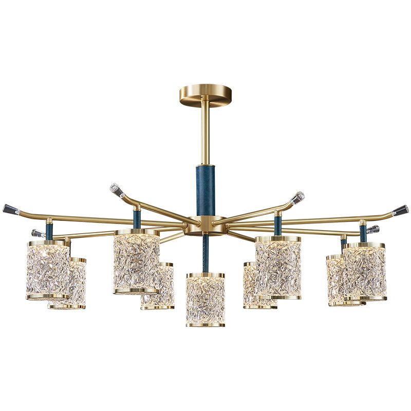 Diner Chandelier Modern Brass Pendant Light with Cylindrical Rippled Glass Shade