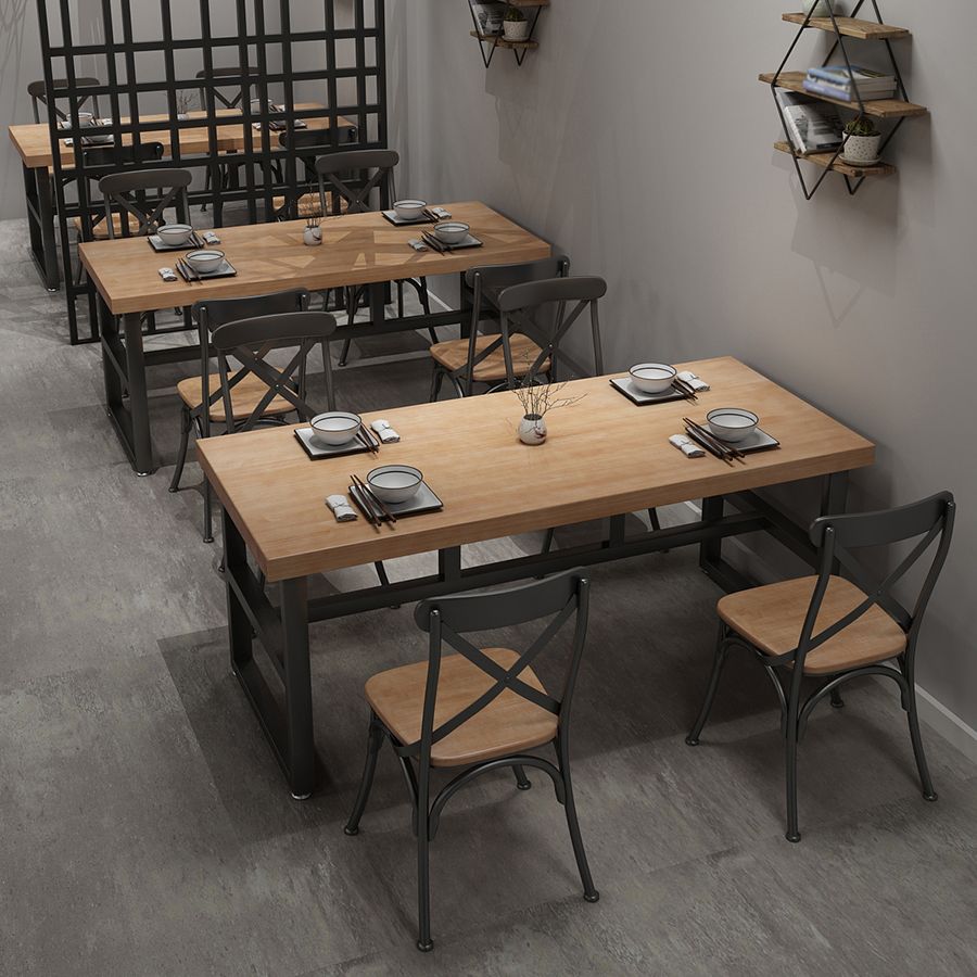 Mesa de comedor rectangular industrial mesa de madera maciza con base de caballete negro para uso doméstico
