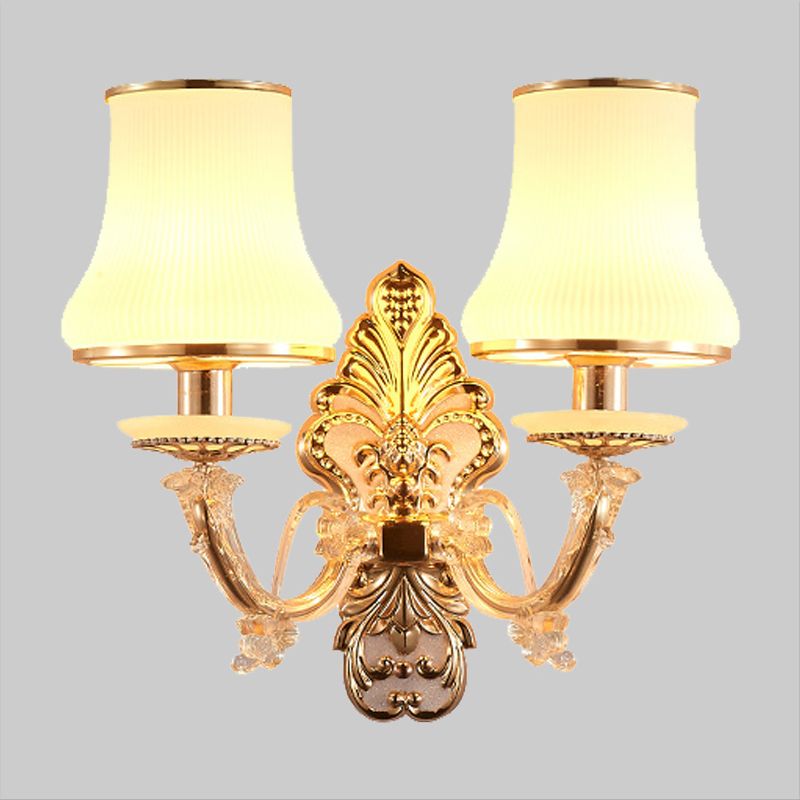 2 Heads Tapered Sconce Light Rural Gold Milky Glass Wall Mounted Lighting with Crystal Ball Droplet