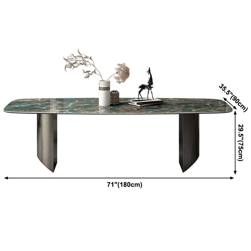 Sintered Stone Modern Rectangle Dining Table Green Stone Top Table with Metal Double Pedestal