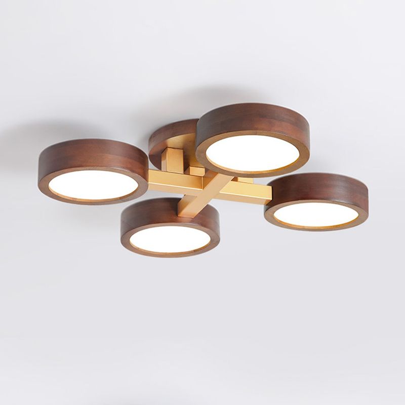 Brown Wood Modern Flush Mount Circle Shape Ceiling Light with Acrylic Shade for Passage