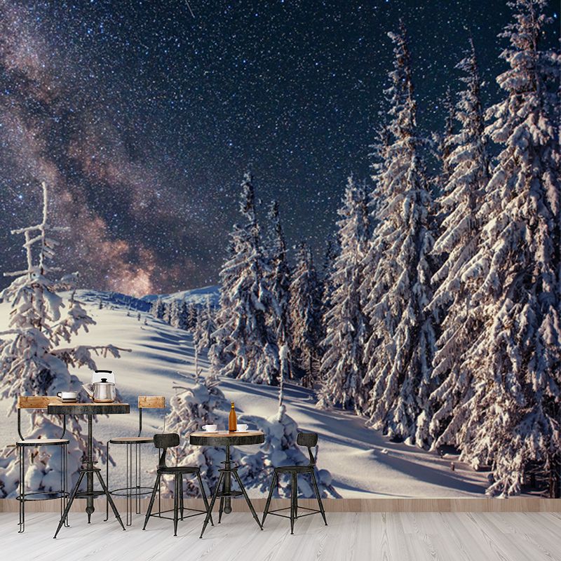 Nordic Milky Way Wallpaper Mural Grey Snowy Cypress Landscape Wall Decor for Home