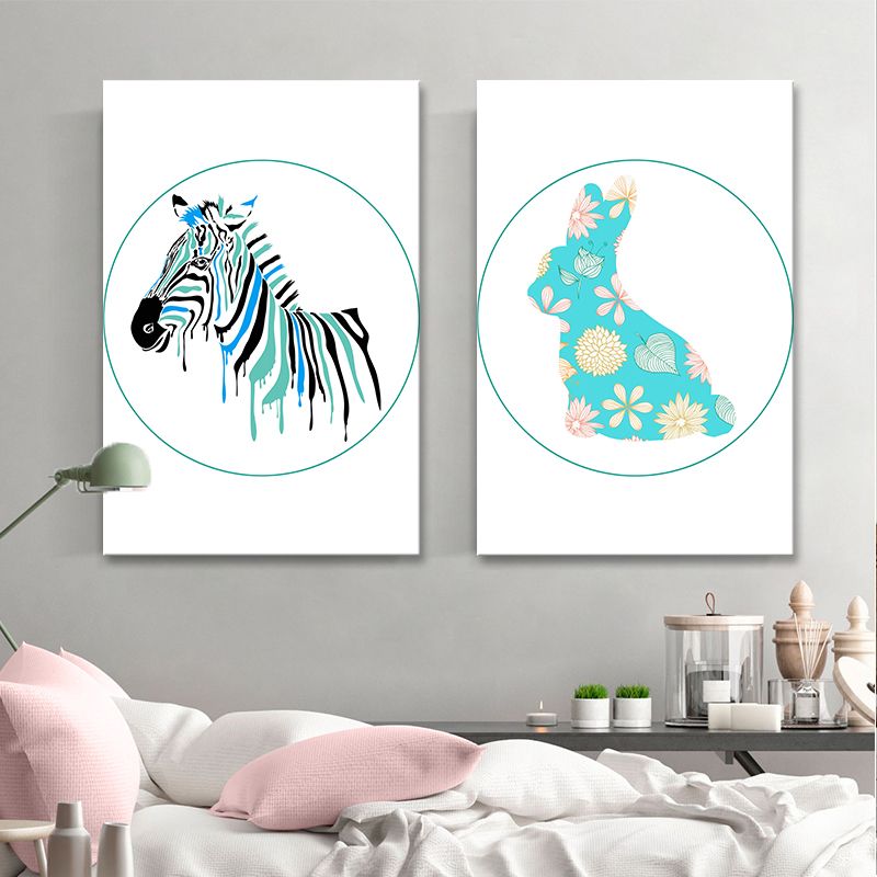 Soft Color Cartoon Print Painting Animal Children's Art Textured Canvas for House Interior