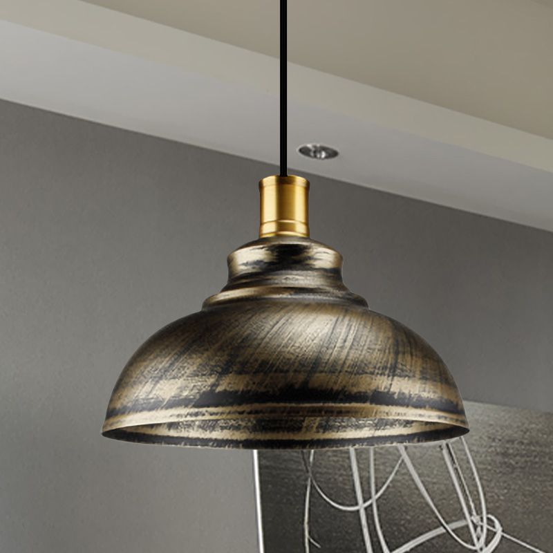Wrought Iron Dome Suspended Lamp Antique Style 12"/14" W 1 Head Restaurant Hanging Light in Silver/Bronze/Rust