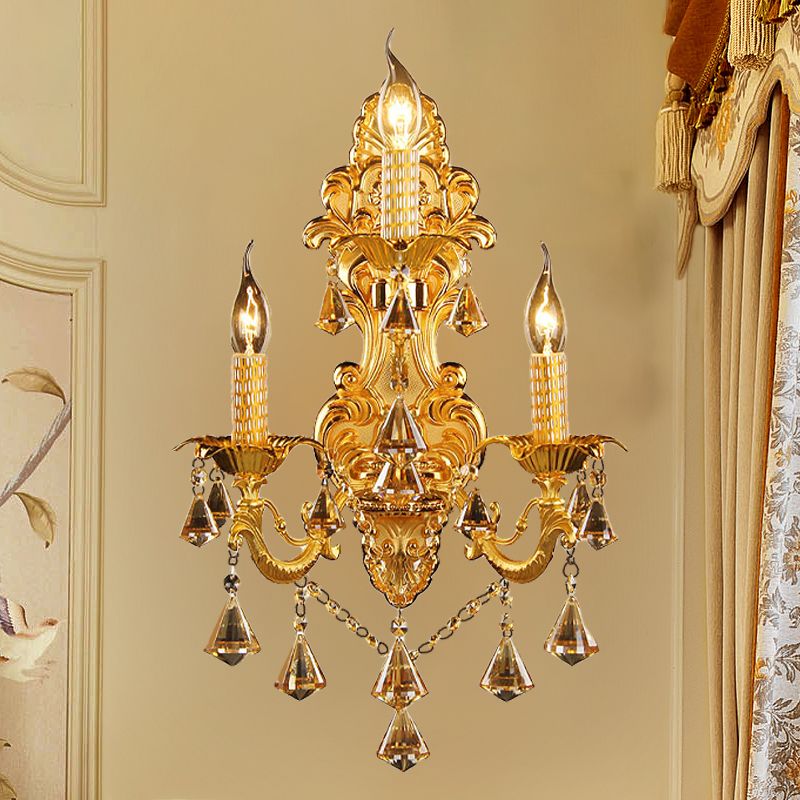 Gold Candelabra Wall Mount Light Traditional Metal 3 Heads Bedroom Sconce Light with Diamond Shape Crystal Decoration