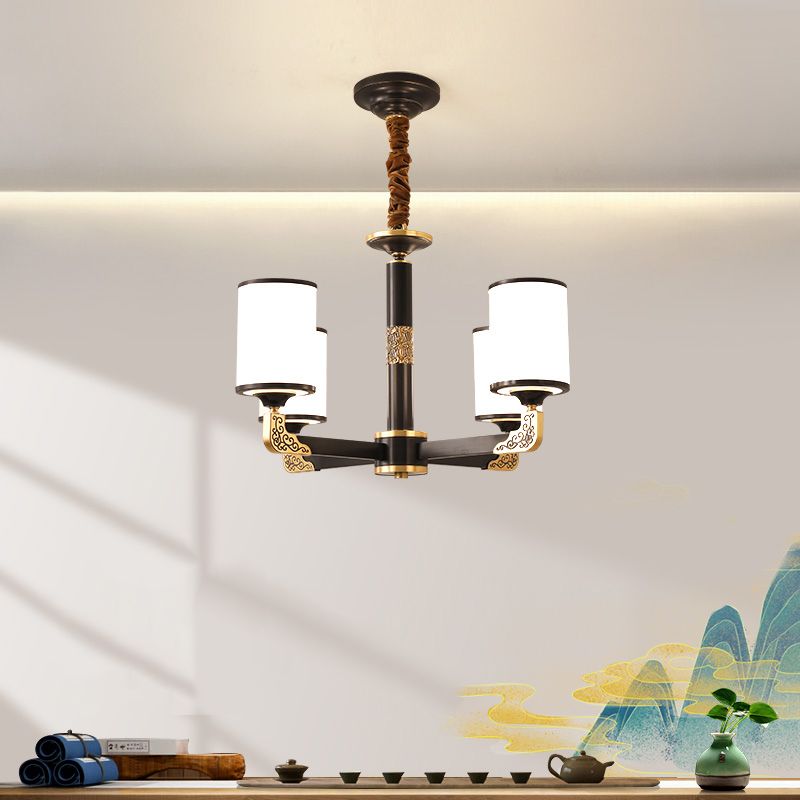 Modern Metal Pendant Light Cylindrical Glass Shade Chandelier Lighting for Bedroom
