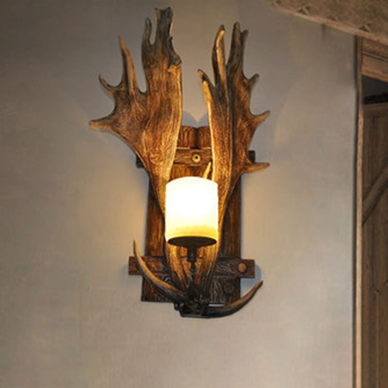 Resin Antler Wall Mount Light Retro 1-Light Restaurant Wall Lighting with Handblown Glass Shade in Brown