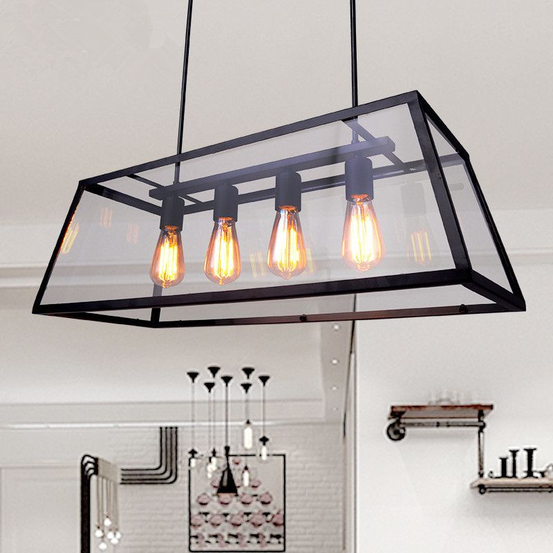 Industrial Glass Island Light Black 4 Lights Island Pendant for Restaurant