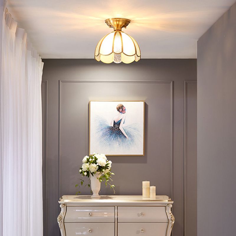Brass Ceiling Mounted Fixture Vintage-Style Glass Shaded Semi Flush Ceiling Light