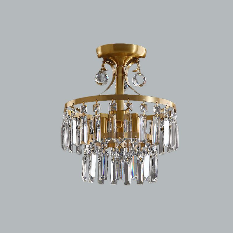 Postmodern a 2 strati tamburi a filo 3 luci prisma cristallino vicino all'illuminazione del soffitto in ottone