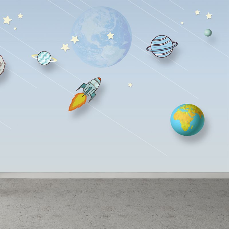 Light Blue Planets Mural Wallpaper Moisture Resistant Wall Art for House Interior
